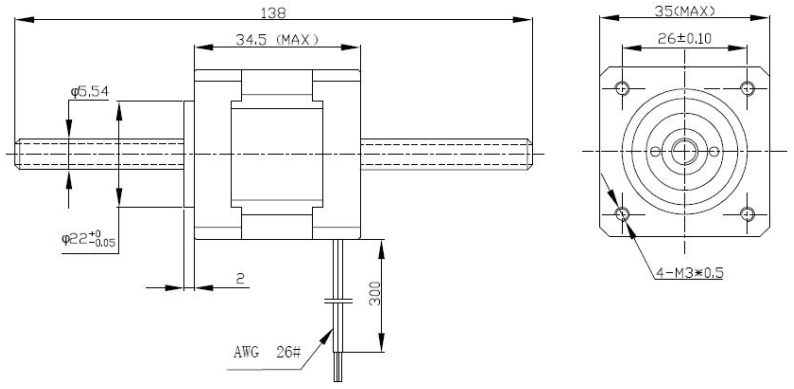 Габаритные размеры Линейного шагового актуатора FL35ST-100A cо свободным штоком