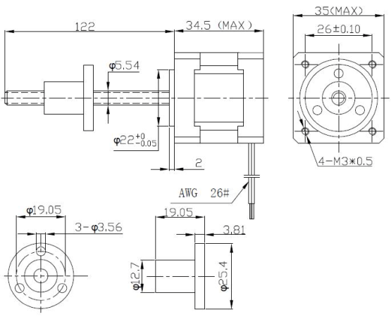 Габаритные размеры Линейного шагового актуатора FL35ST-100A с резьбой на валу и гайкой