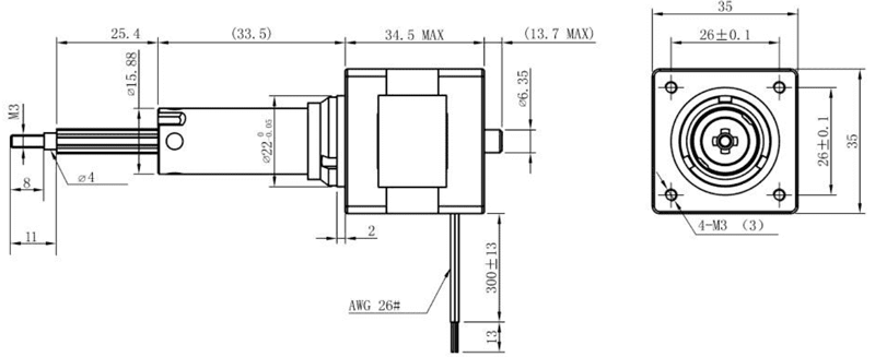Габаритные размеры Линейного шагового актуатора FL35ST-100A С выдвижным штоком