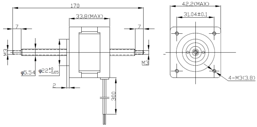 Габаритные размеры Линейного шагового актуатора FL42STH‑120А Со свободным штоком