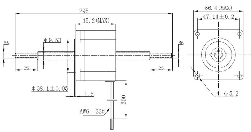 Габаритные размеры Линейного шагового актуатора FL57STH‑200A с резьбой на валу и гайкой