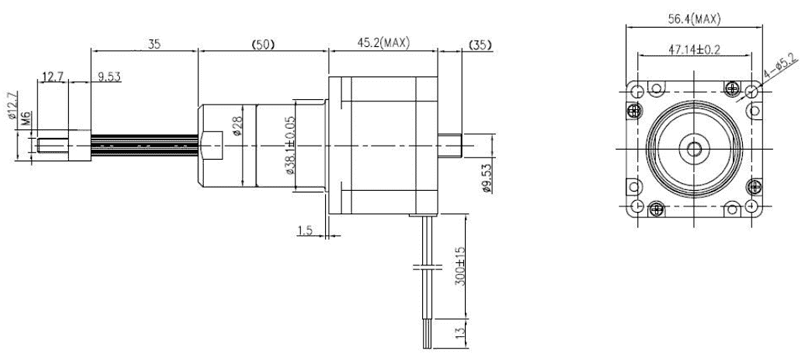 Габаритные размеры Линейного шагового актуатора FL35ST-100A С выдвижным штоком