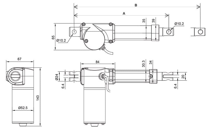 Чертеж линейного актуатора ЛА1 2000 Н с перпендикулярным расположением двигателя)