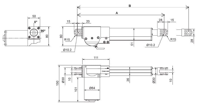 Чертеж линейного актуатора ЛА1 6000 Н с перпендикулярным расположением двигателя)