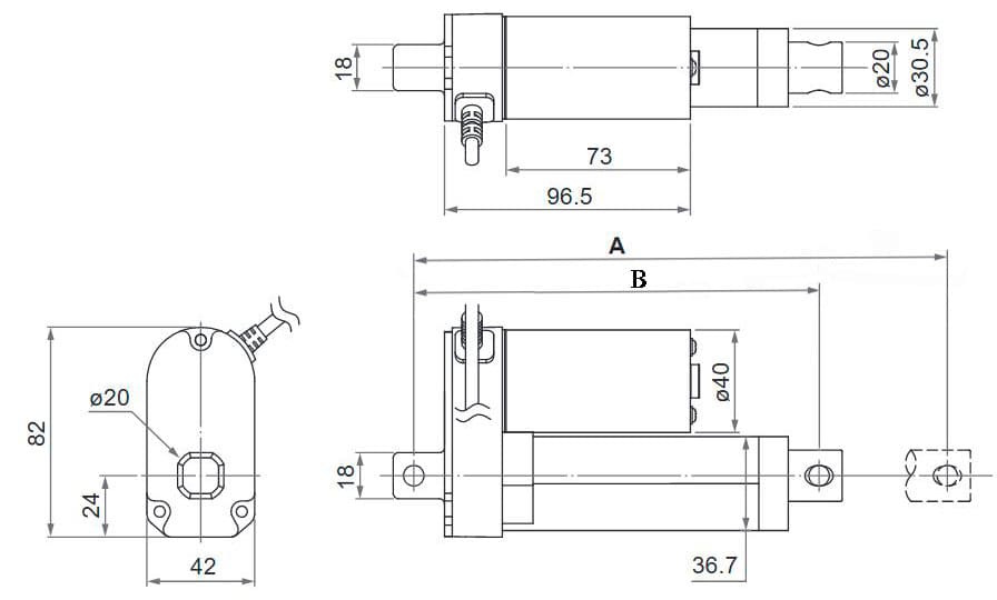 Линейные актуаторы постоянного тока серии ЛА2 250Н- 800H габаритные размеры