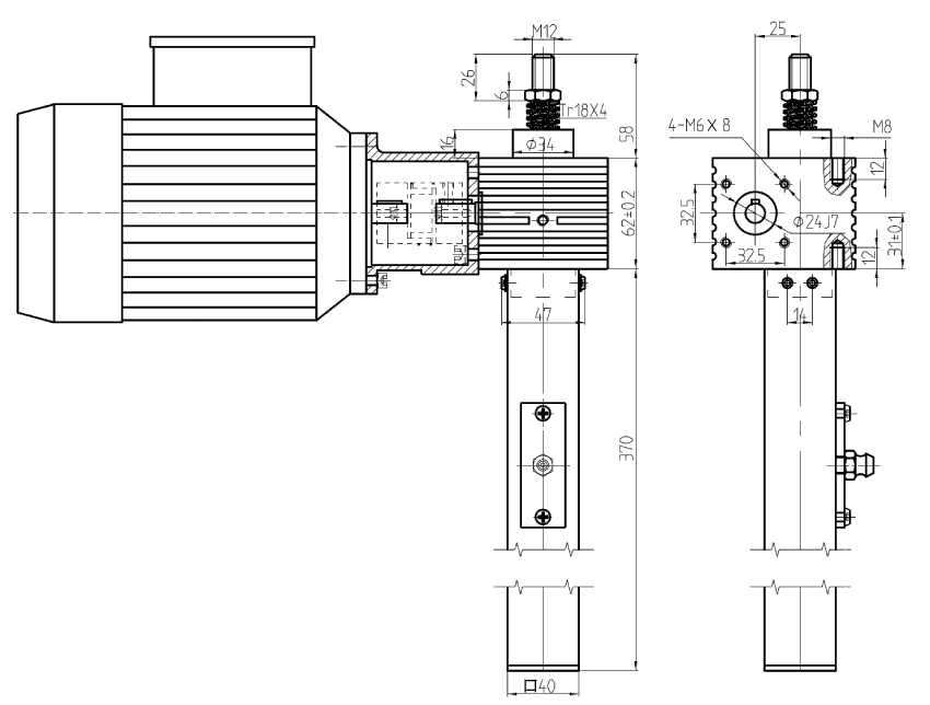 Габаритные и присоединительные размеры электрического винтового домкрата SJA5-S-L1-270