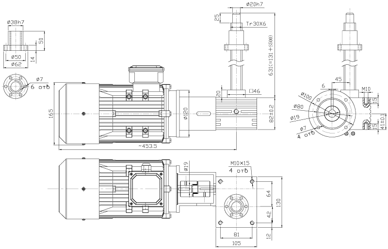Габаритные и присоединительные размеры электрического винтового домкрата SJA20-R-V1-500